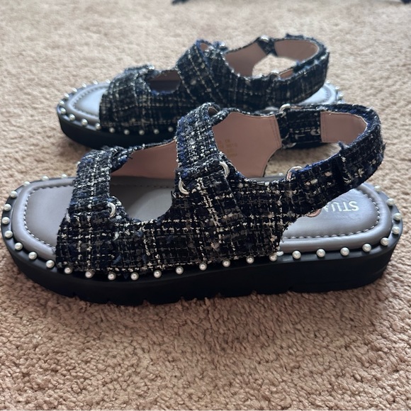 NEW Stuart Weitzman Zoe Lift Sandals Sz 40 Metallic Tweed Pearl Dad Sandal - Picture 6 of 13